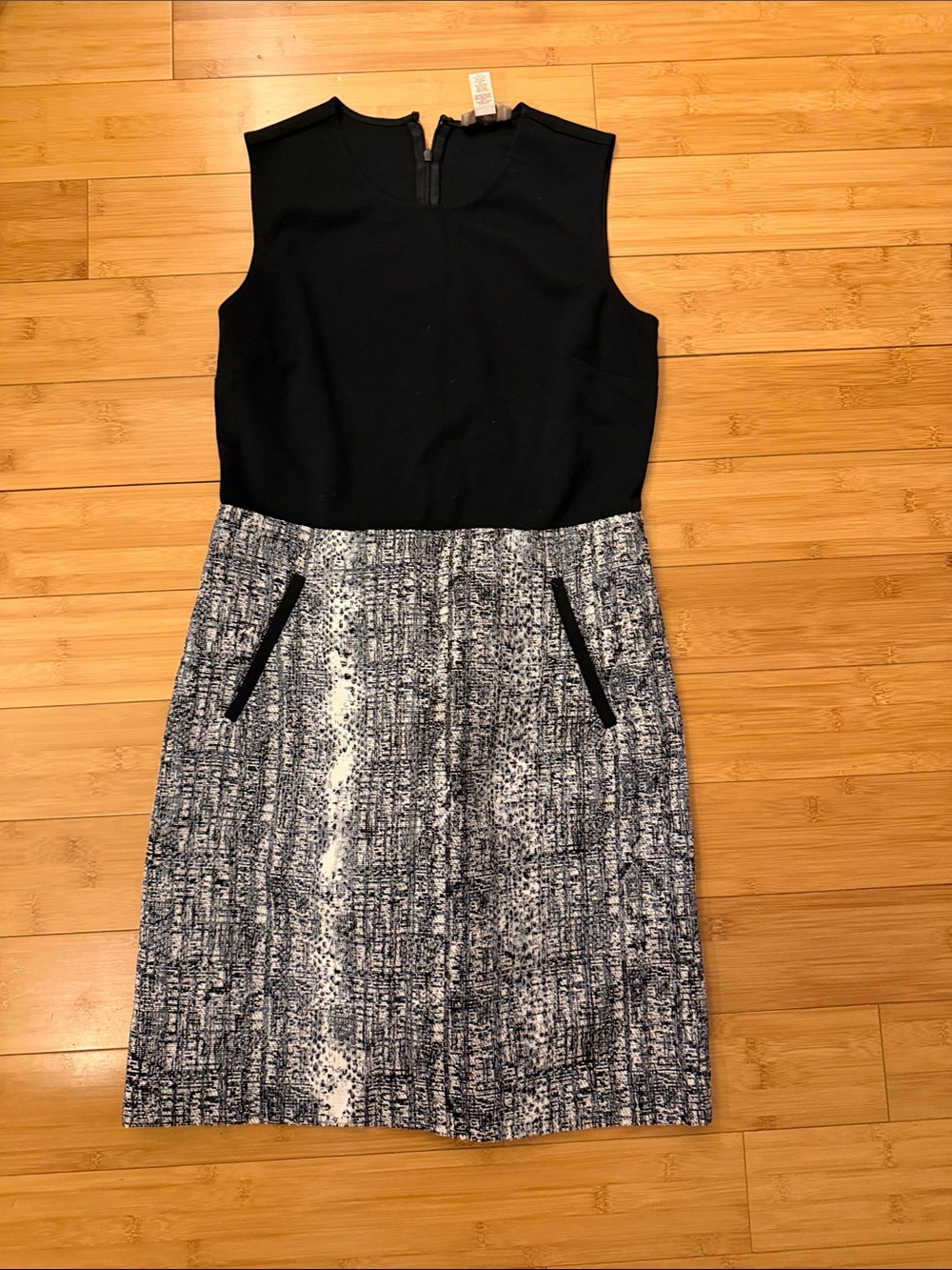 LOFT Black Bodice Navy-White Textured Midi Dress